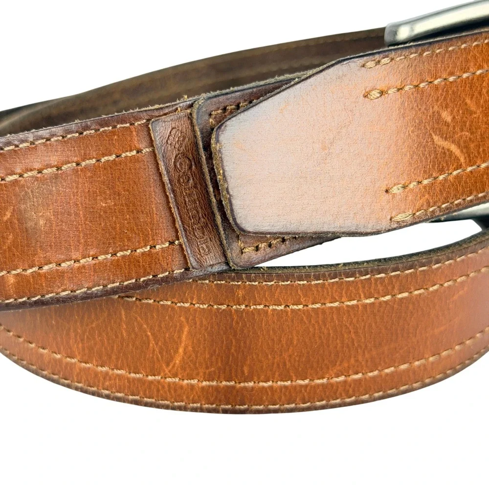 Vintage Columbia Brown Leather Belt Double Stitched Distressed Rugged Size M